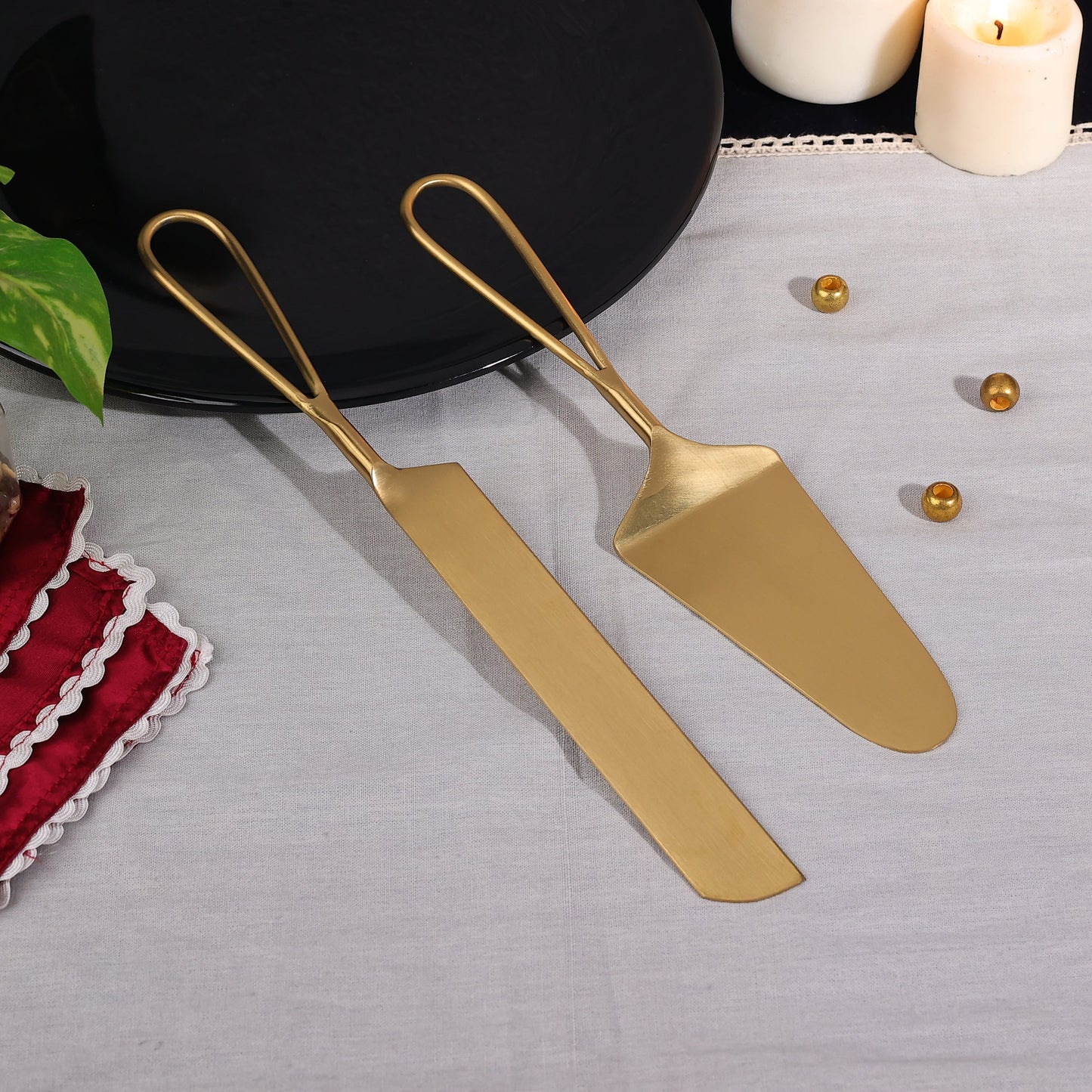 Premium Birthday Cake Cutting Set - Gold Cake Knife and Server Set | Handmade Vintage Brass Wedding Cake Serving Set for Party Occasions