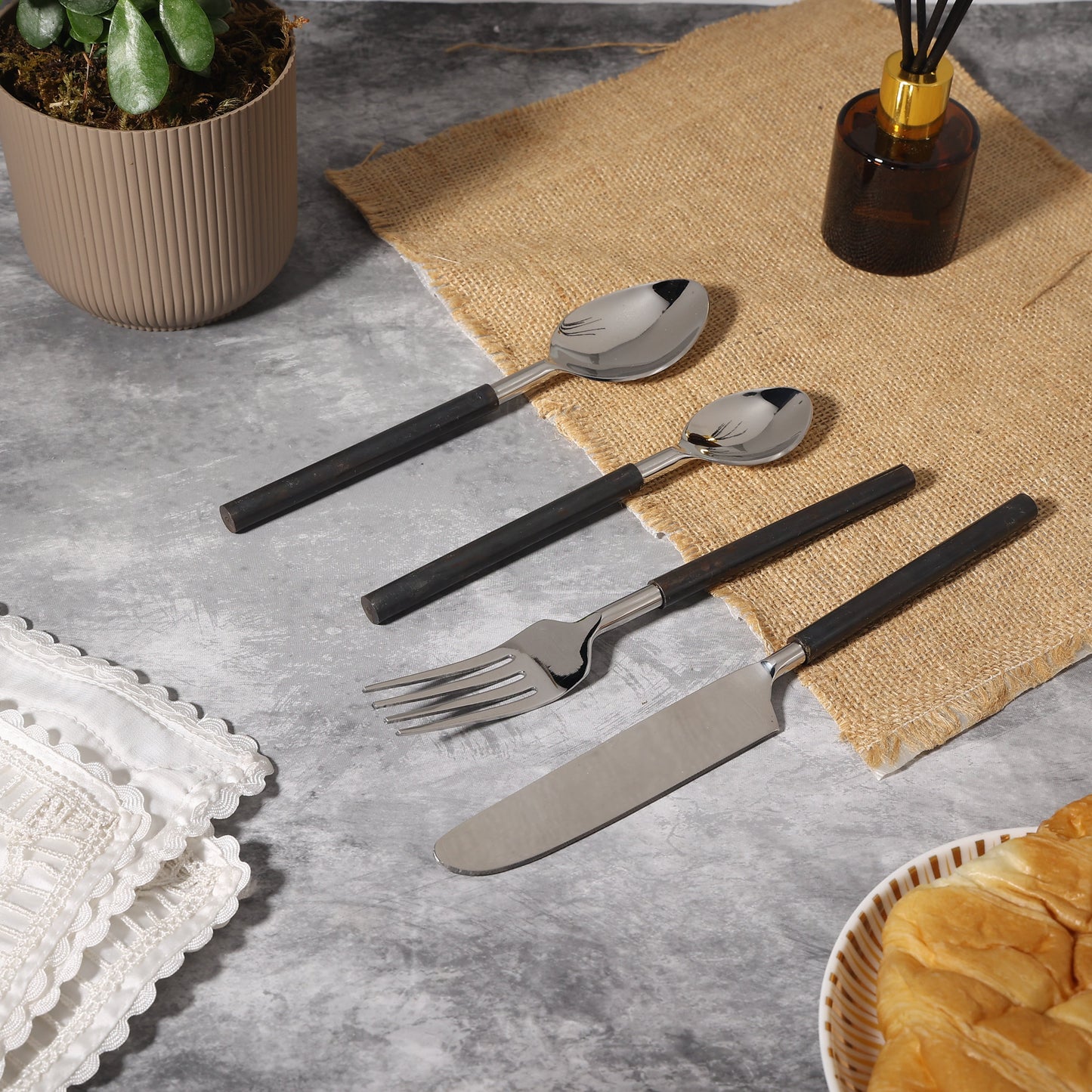 Premium Luxury Stainless Steel Cutlery Set | Handcrafted Fork Knife Spoon Flatware | Designer Vintage Gold Tableware Online