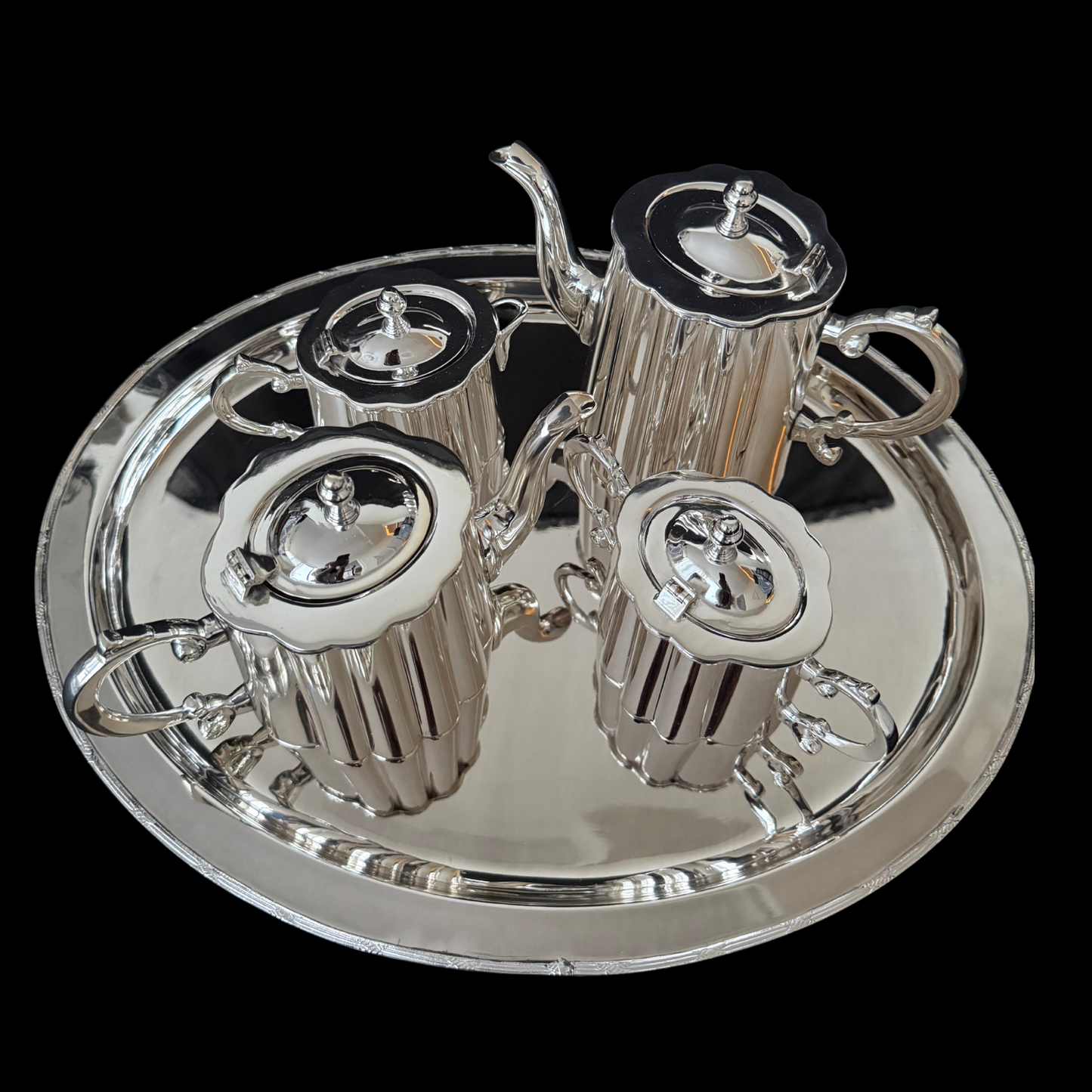Royal English Silver Tea & Coffee Set – Victorian Inspired Silver Plated Serving Set with Tray for Luxury Home Décor & Premium Gifting