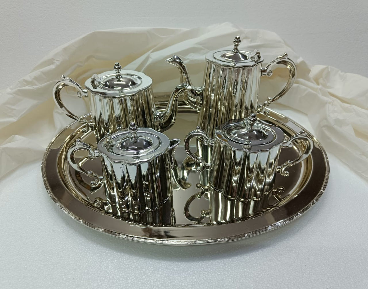 Royal English Silver Tea & Coffee Set – Victorian Inspired Silver Plated Serving Set with Tray for Luxury Home Décor & Premium Gifting