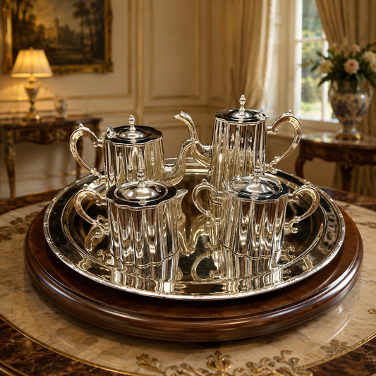 Royal English Silver Tea & Coffee Set – Victorian Inspired Silver Plated Serving Set with Tray for Luxury Home Décor & Premium Gifting