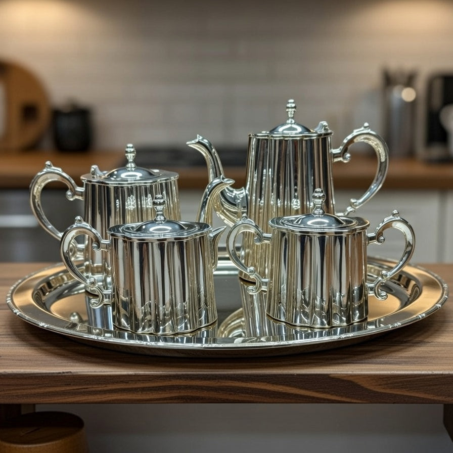 Royal English Silver Tea & Coffee Set – Victorian Inspired Silver Plated Serving Set with Tray for Luxury Home Décor & Premium Gifting