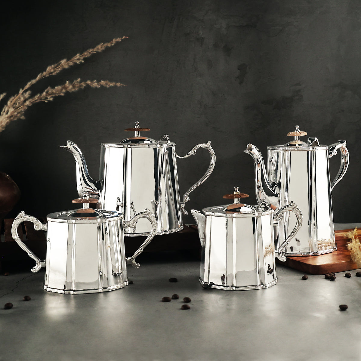 handcrafted silver plated brass tea set