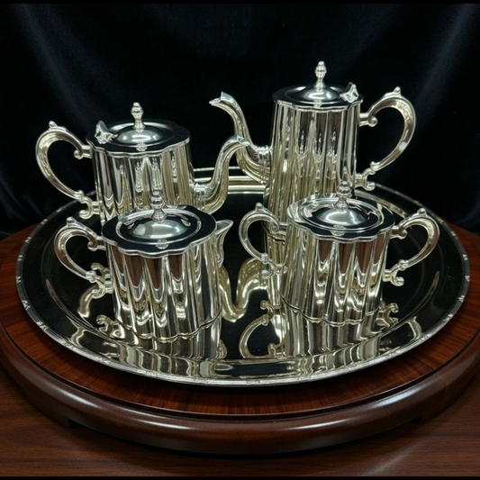 Royal English Silver Tea & Coffee Set – Victorian Inspired Silver Plated Serving Set with Tray for Luxury Home Décor & Premium Gifting