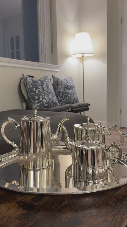 Royal English Silver Tea & Coffee Set – Victorian Inspired Silver Plated Serving Set with Tray for Luxury Home Décor & Premium Gifting