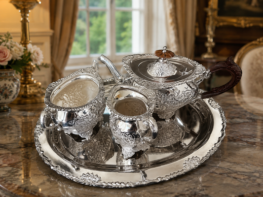 Regal Victorian Silver-Plated Tea & Coffee Set with Tray for Luxury Homes