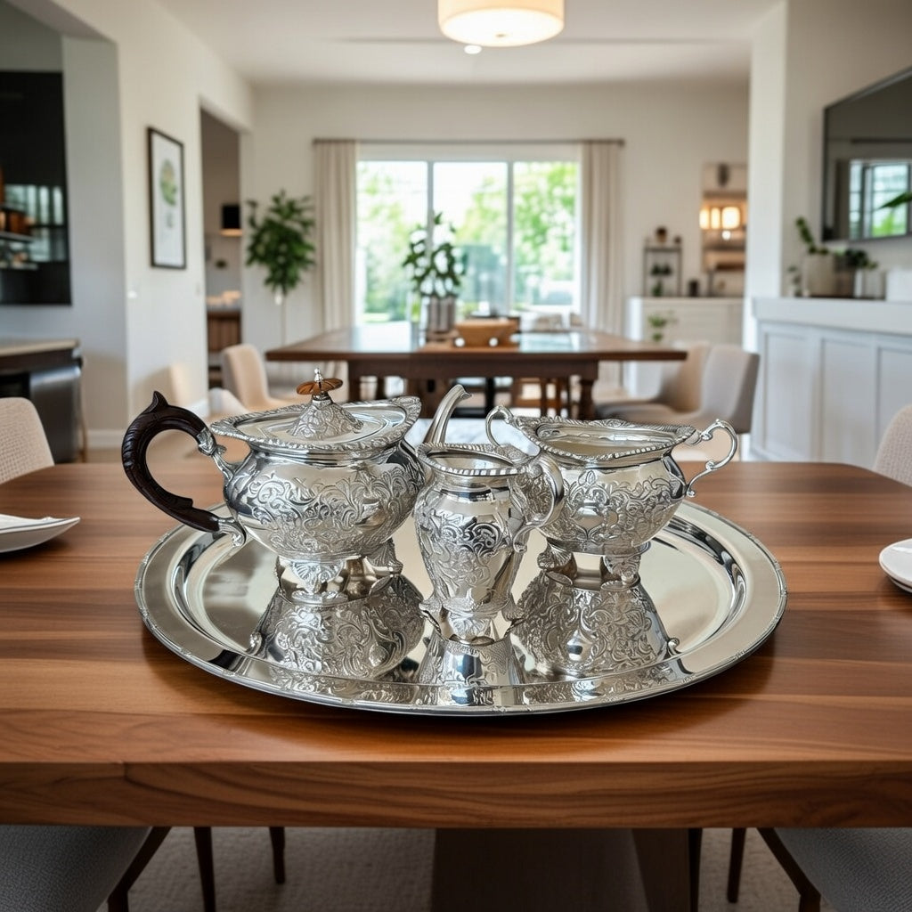Regal Victorian Silver-Plated Tea & Coffee Set with Tray for Luxury Homes